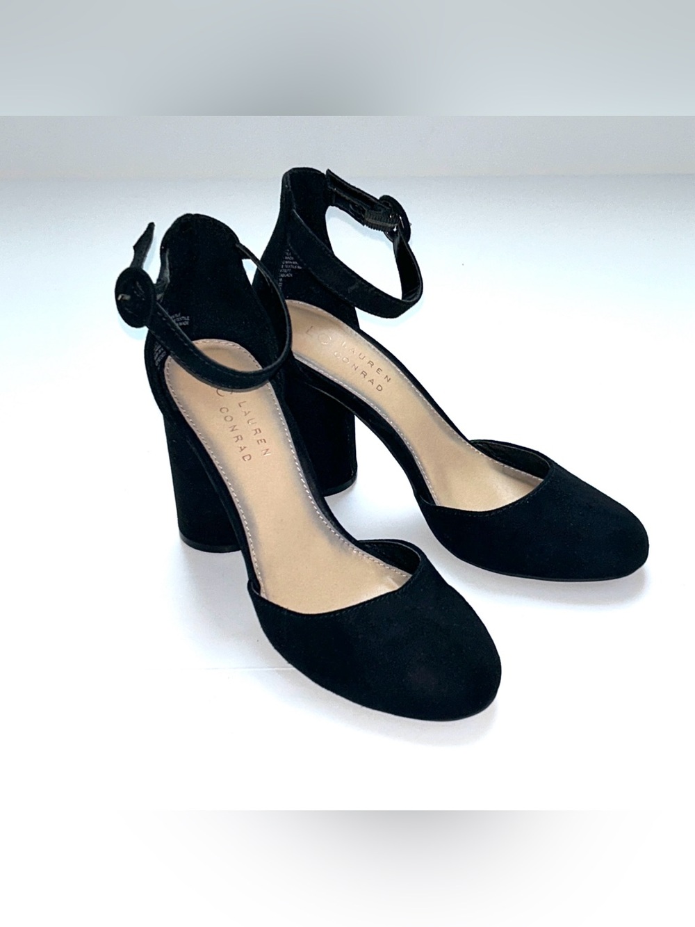 LC Lauren Conrad Hydrangea Ankle Strap Block Heel Pumps Black Faux Suede 6.5